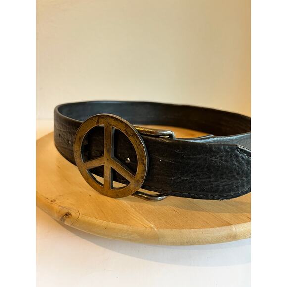 Vintage Black Puma Steerhide Genuine Leather PEACE Brass Buckle Belt Size Medium main image 5
